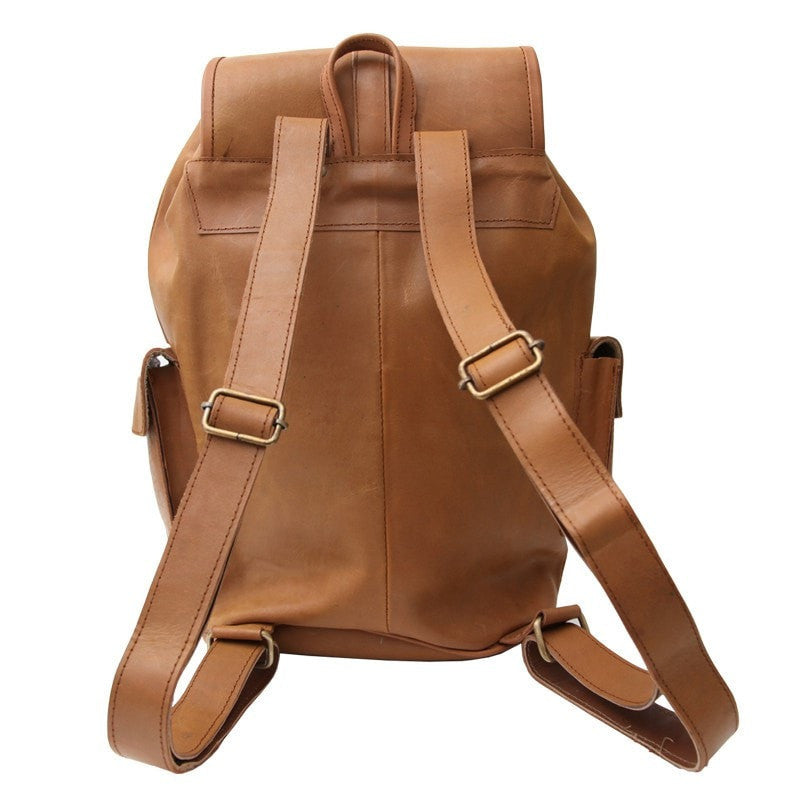 Brown leather rucksack showing the shoulder straps