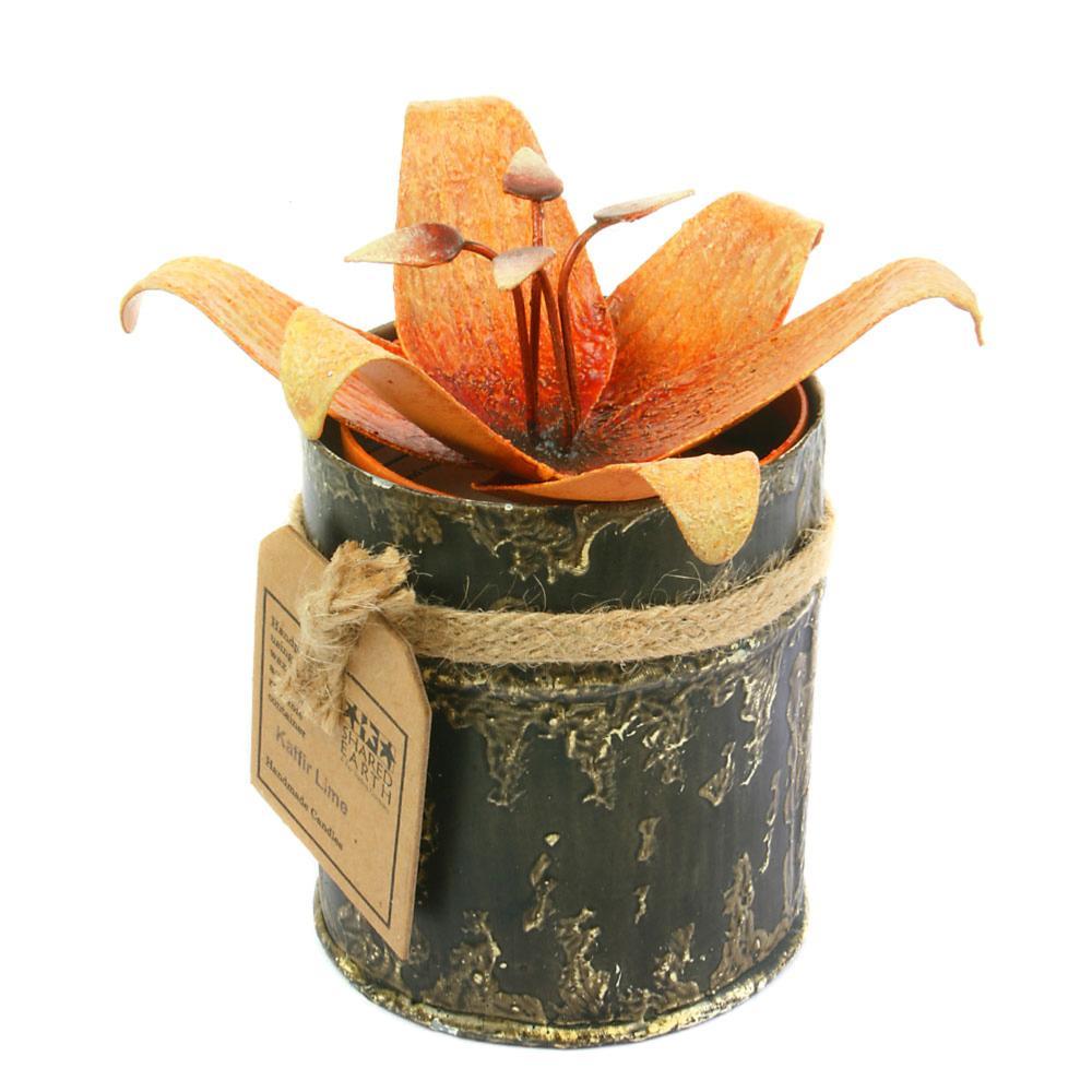 Candle in distressed recycled jar orange flower lily, Kaffir Lime