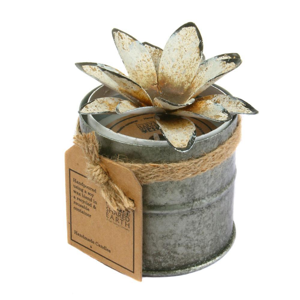 Candle in distressed recycled jar white lotus, Wood Fire