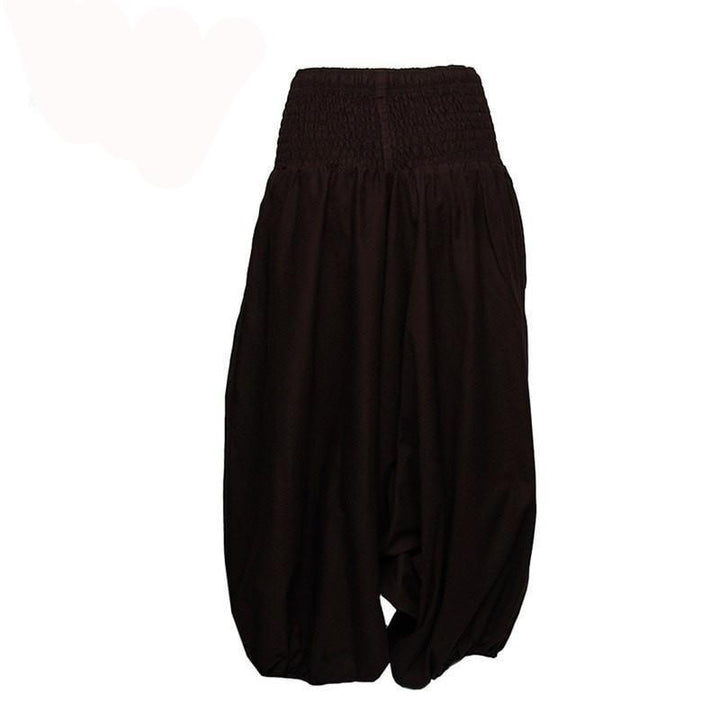 Coline Premium Harem Pants - Drop Crotch, elasticated and drawstring waist, lots of material that gathers around elasticated ankles - Brown, back view