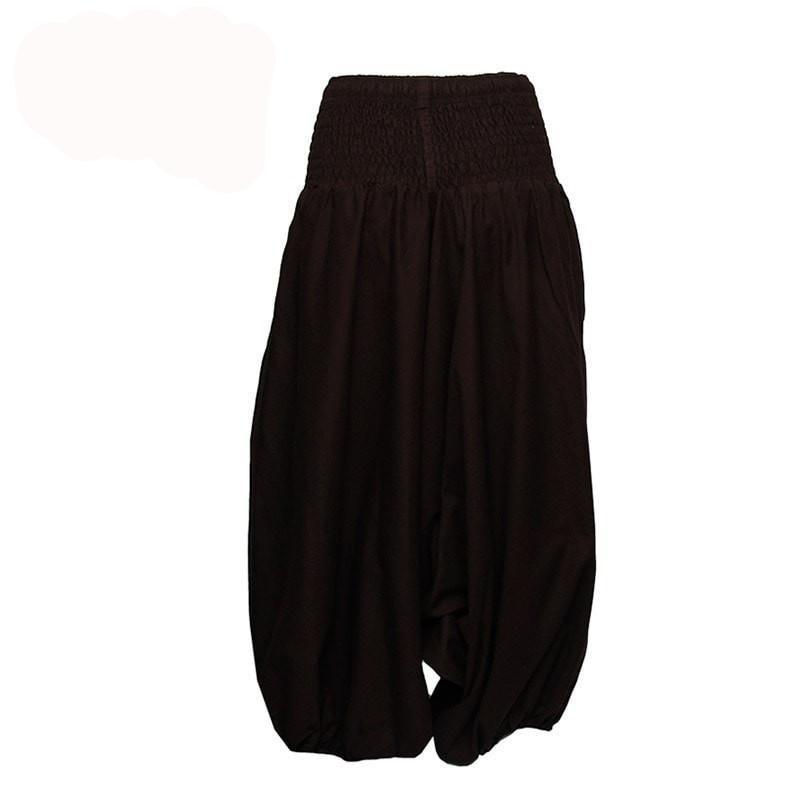 Coline Premium Harem Pants - Drop Crotch, elasticated and drawstring waist, lots of material that gathers around elasticated ankles - Brown, back view