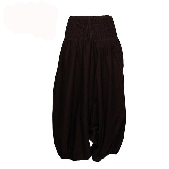Coline Premium Harem Pants - Drop Crotch, elasticated and drawstring waist, lots of material that gathers around elasticated ankles - Brown, back view