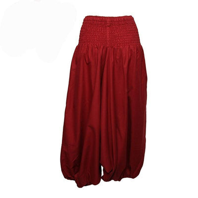 Coline Premium Harem Pants - Drop Crotch, elasticated and drawstring waist, lots of material that gathers around elasticated ankles - Red, back view