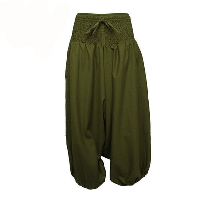 Coline Premium Harem Pants - Drop Crotch, elasticated and drawstring waist, lots of material that gathers around elasticated ankles - Green