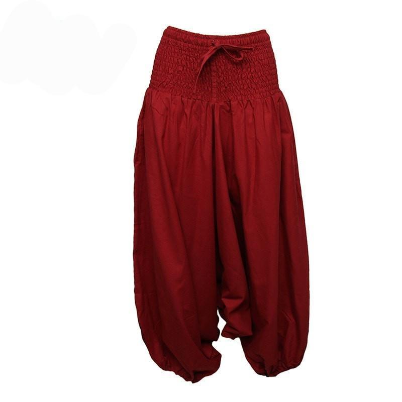 Coline Premium Harem Pants - Drop Crotch, elasticated and drawstring waist, lots of material that gathers around elasticated ankles - Red, front