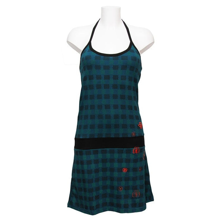 Halterneck Turquoise Butterflies Dress with drop waist - on mannequin 