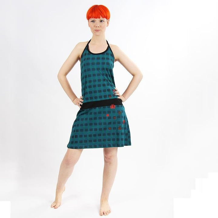 Halterneck Turquoise Butterflies Dress with drop waist - Modelled 