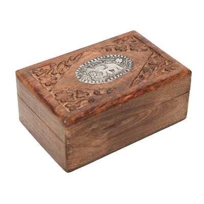 Wooden hinge lid box with elephant metal decoration 
