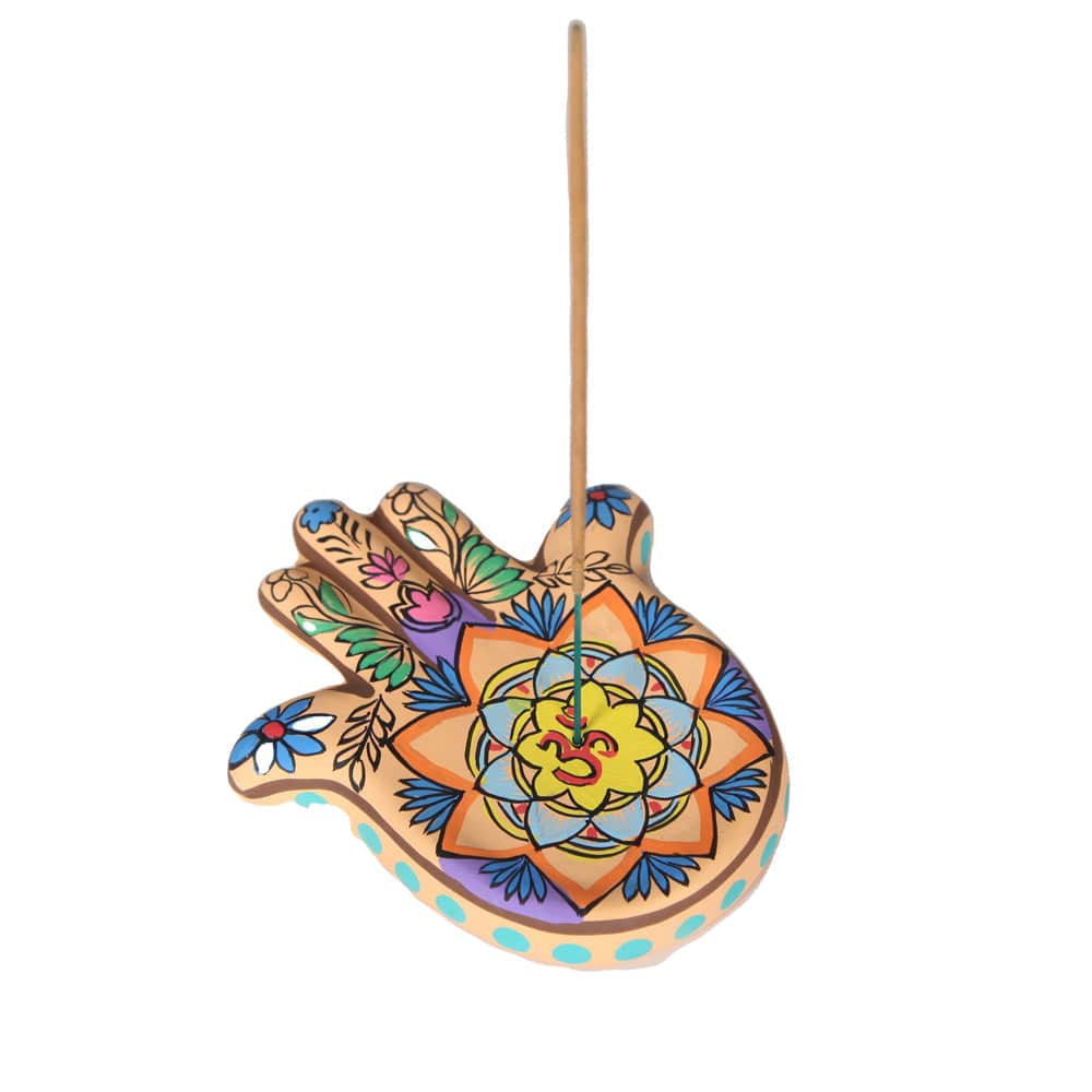 Lotus Hamsa Painted Clay Incense Holder