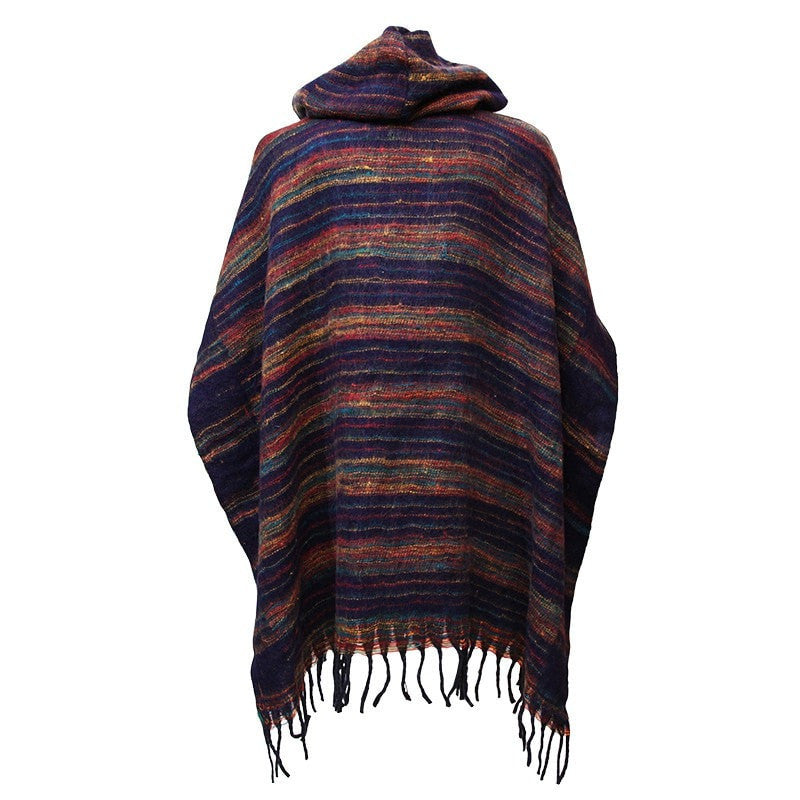 Warm Indian Hooded Poncho Dark Blue