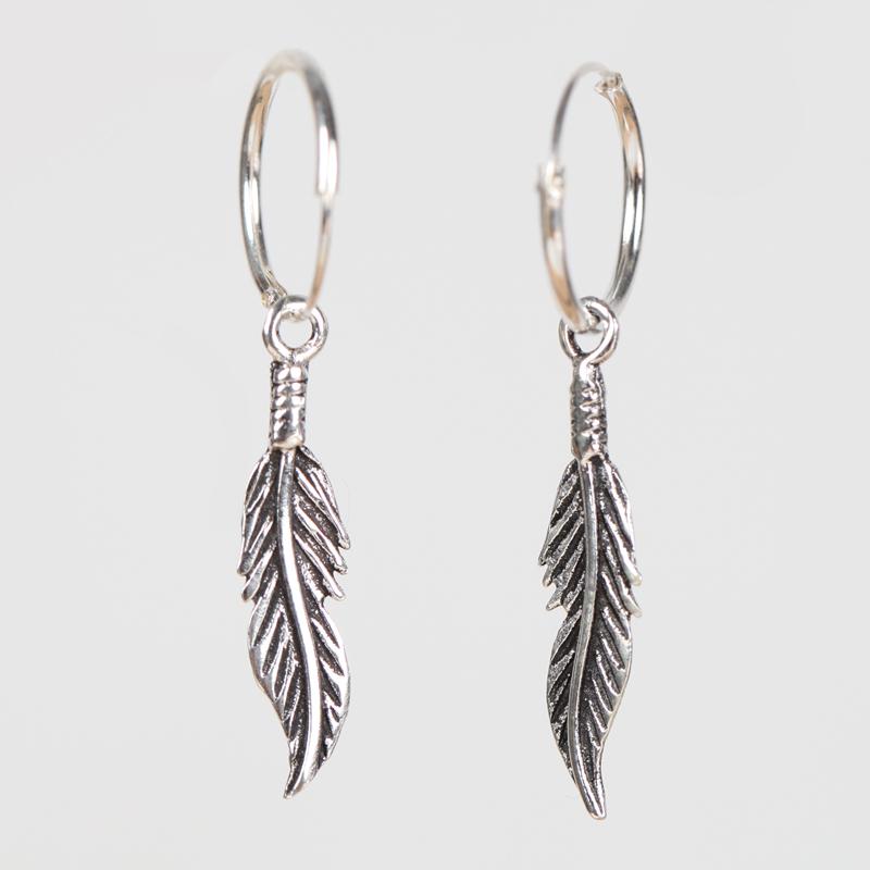 Sterling Silver Feather Drop Hoop Earrings