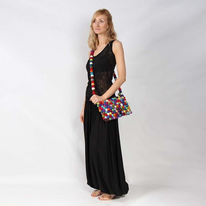 Handmade Felt Ball Cross Body Bag - Multi Coloured, Modelled full 