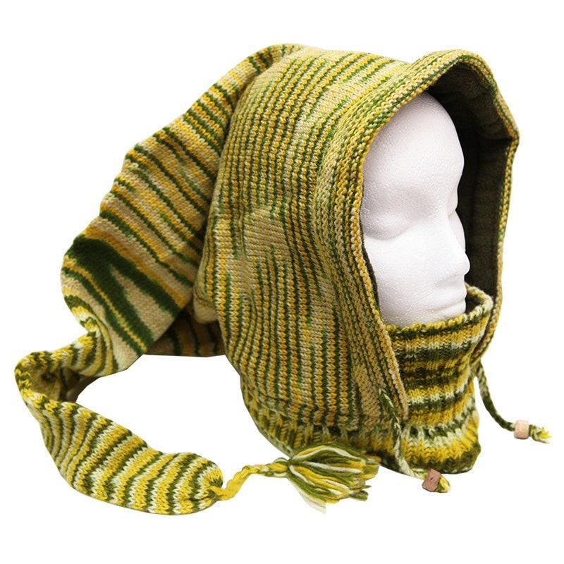 Knitted hood style pixie hat with built in high neck collar and fleece lining - Light and Dark Green Fuzz