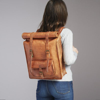 Fair Trade Large Leather Rolltop Backpack