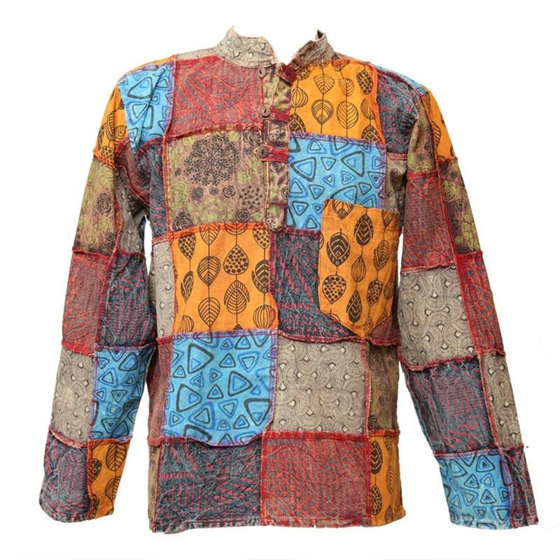 Patterned Patchwork Collarless Shirt..