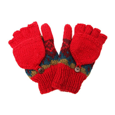 Red Patterned Fingerless Glove Mittens