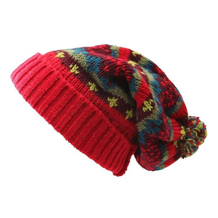 Red Patterned Slouch Pom Beanie.
