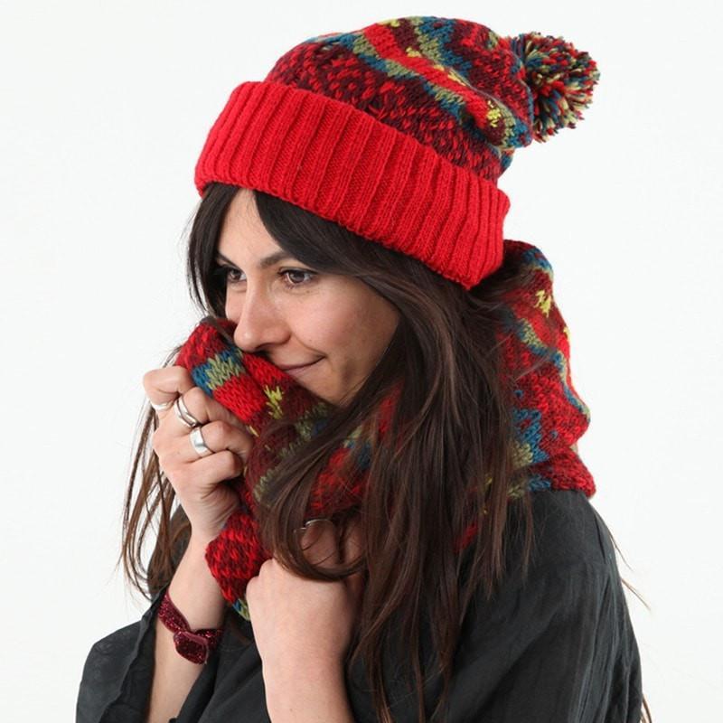 Red Patterned Slouch Pom Beanie.