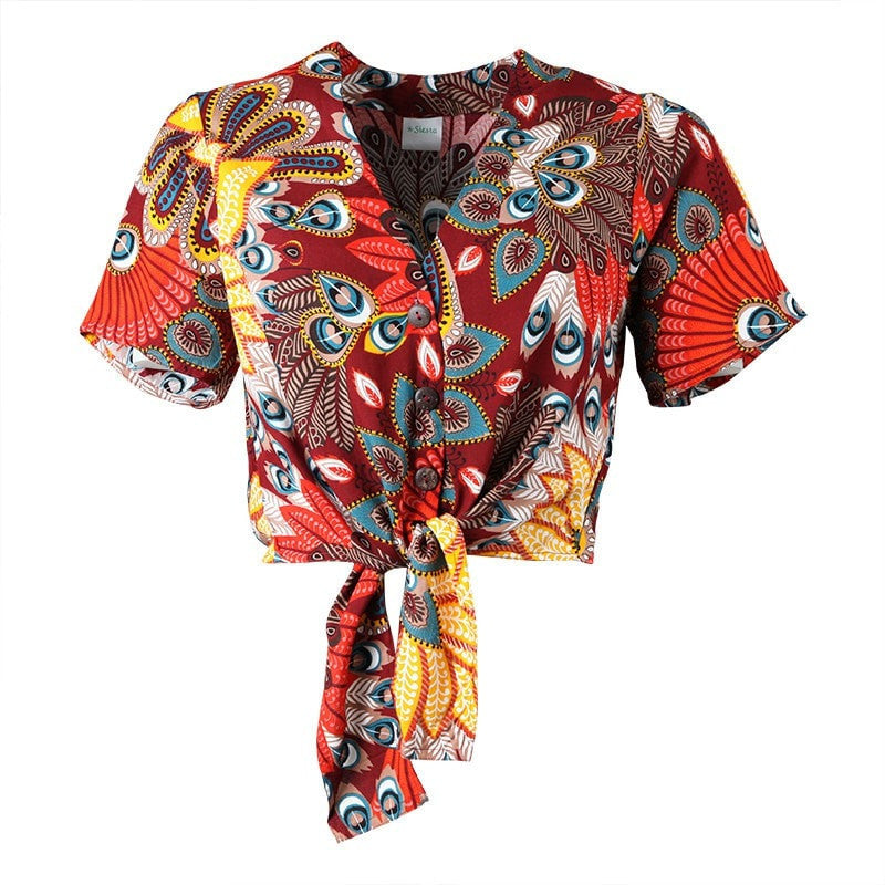 Tropical Peacock Print Tie Crop Shirt