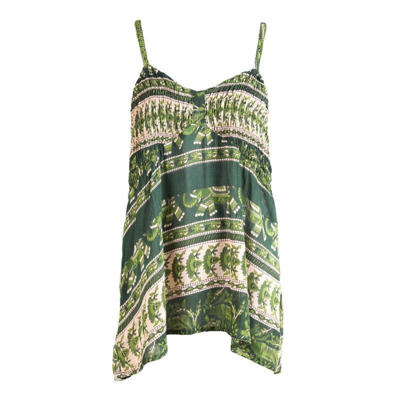Green Flower & Elephant Print Shirred Cami