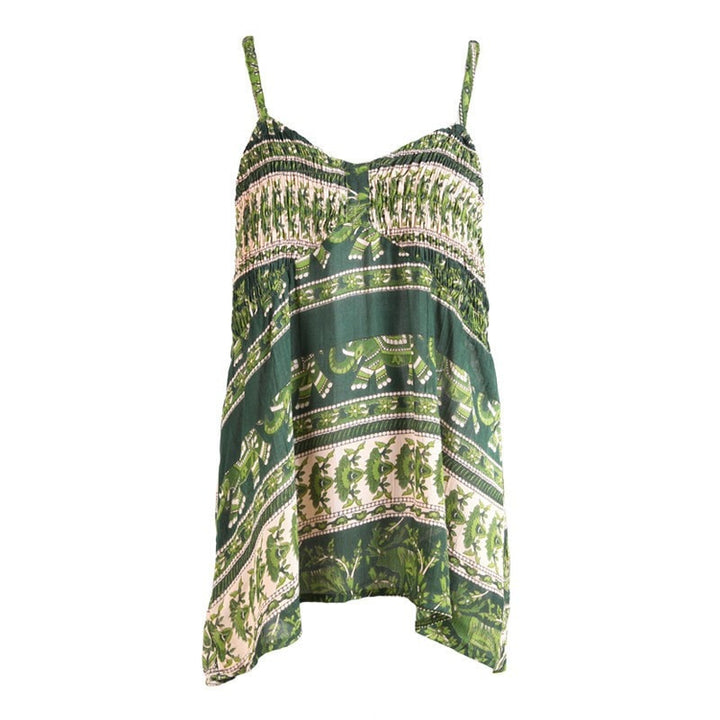 Green Flower & Elephant Print Shirred Cami