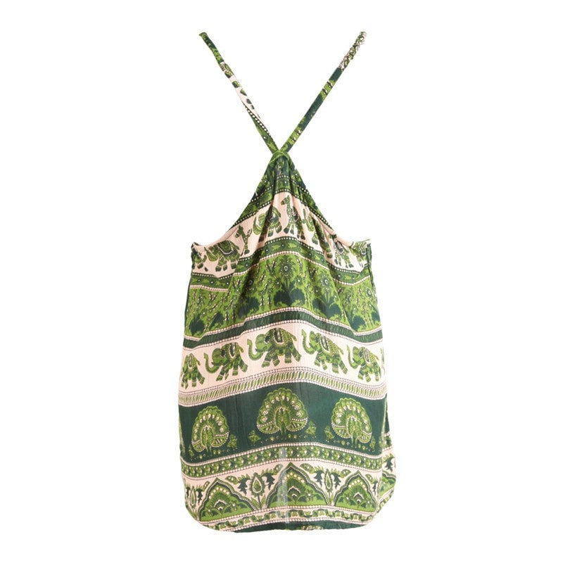 Green Flower & Elephant Print Shirred Cami