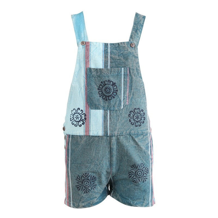 Blue Cotton Flower Print Dungaree Shorts