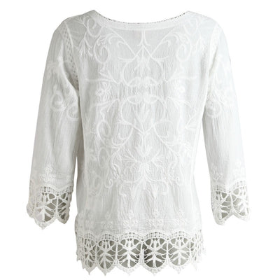White 3/4 Sleeve Top With Lace Trim