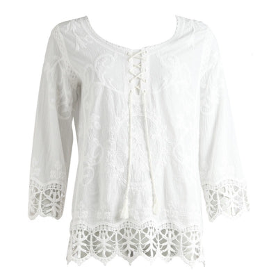 White 3/4 Sleeve Top With Lace Trim