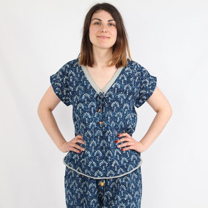 Natural Dye Indigo V-Neck Cotton T-Shirt
