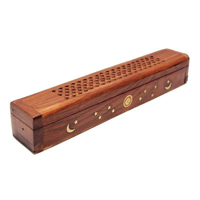 Incense Wooden Box w/ Moon & Stars, Sticks & Cones