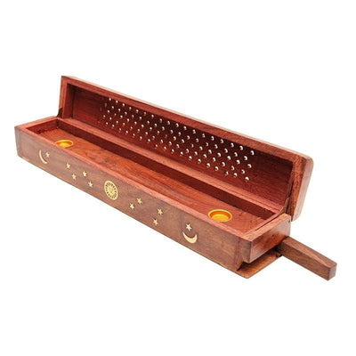 Incense Wooden Box w/ Moon & Stars, Sticks & Cones, side view with ash empting slot open