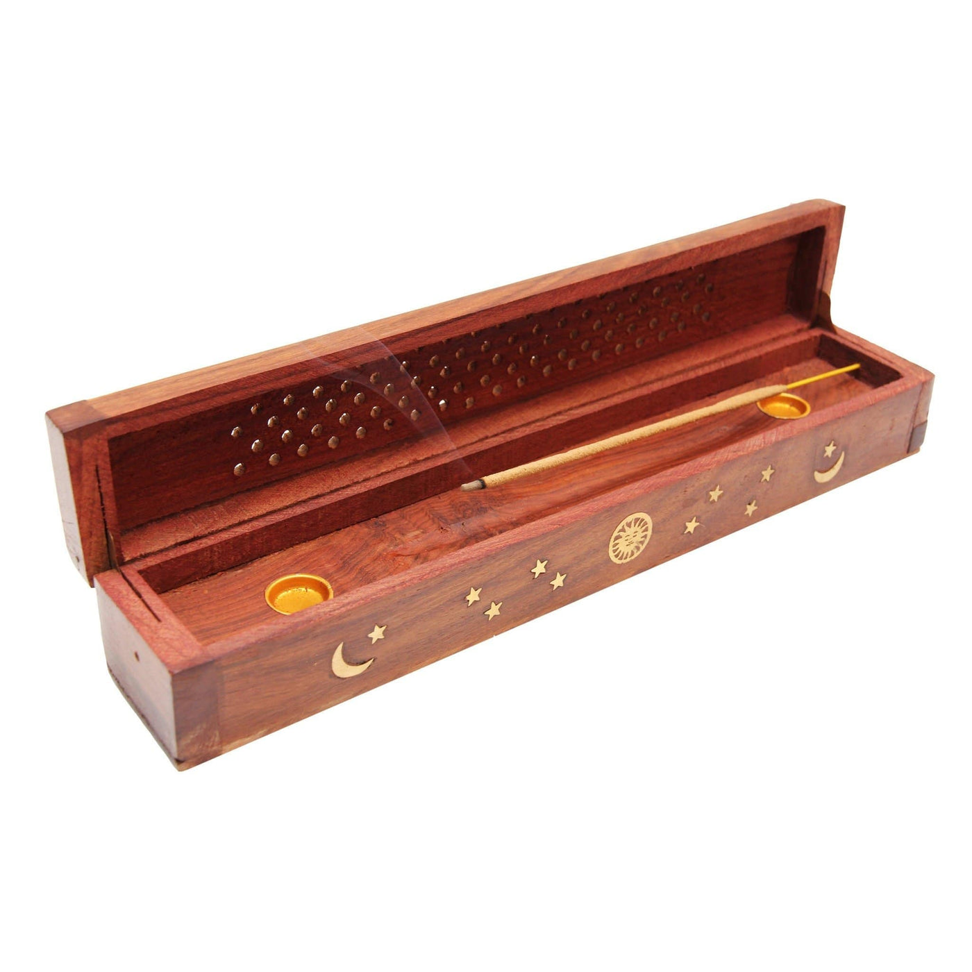 Incense Wooden Box w/ Moon & Stars, Sticks & Cones, open side view