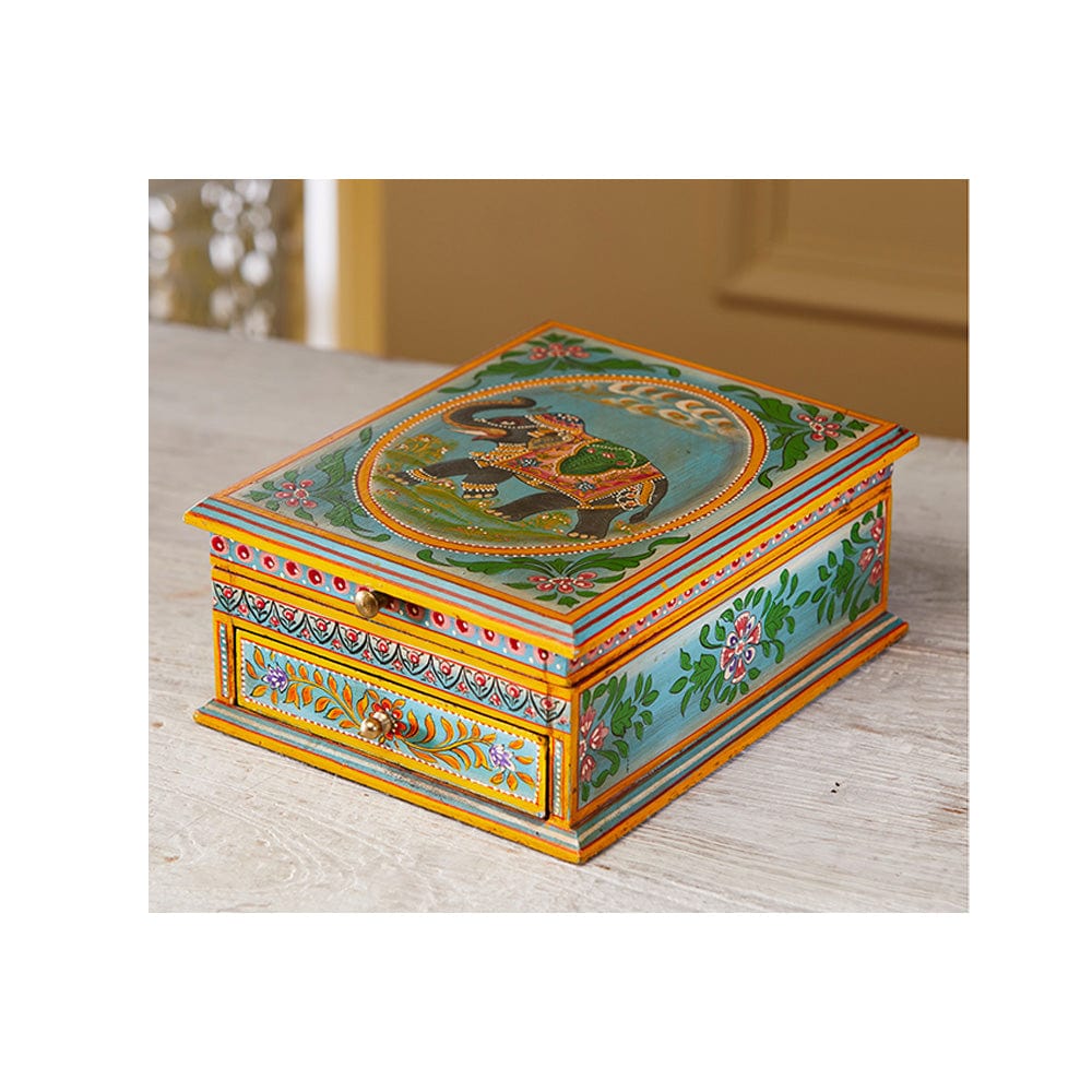 Wooden Elephant Painted 1 Drawer Jewellery Box