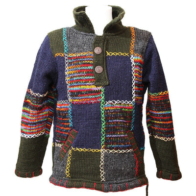 Fleece lined patchwork knitted jumper with collar and two wooden buttons