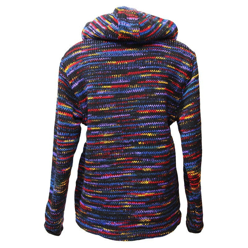 Zip up woollen hooded coat with fleece lining, overall colouring is black with rainbow streaks running through. Back view.