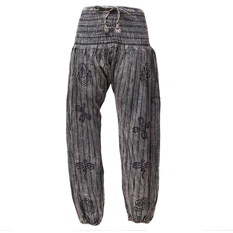 High crotch harems with elasticated waist and ankles in a stonewashed finish with block printed symbols and a drawstring adjustable waist - Black