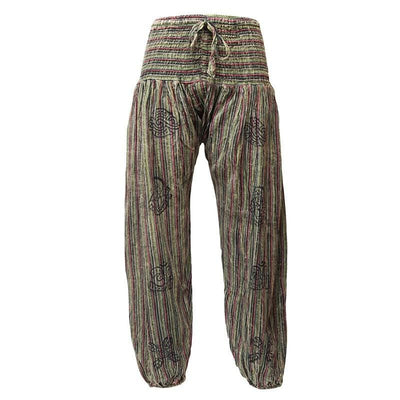 High crotch harems with elasticated waist and ankles in a stonewashed finish with block printed symbols and a drawstring adjustable waist - Dark Green