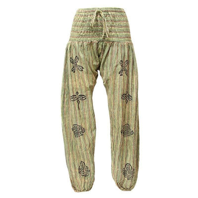 High crotch harems with elasticated waist and ankles in a stonewashed finish with block printed symbols and a drawstring adjustable waist - Light Green