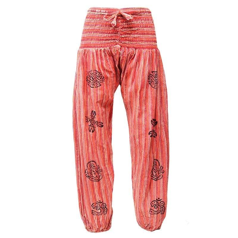 High crotch harems with elasticated waist and ankles in a stonewashed finish with block printed symbols and a drawstring adjustable waist - Orange