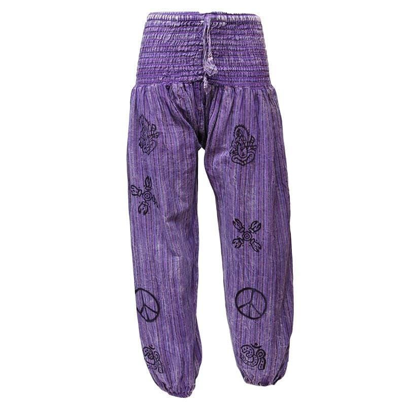 High crotch harems with elasticated waist and ankles in a stonewashed finish with block printed symbols and a drawstring adjustable waist - Purple