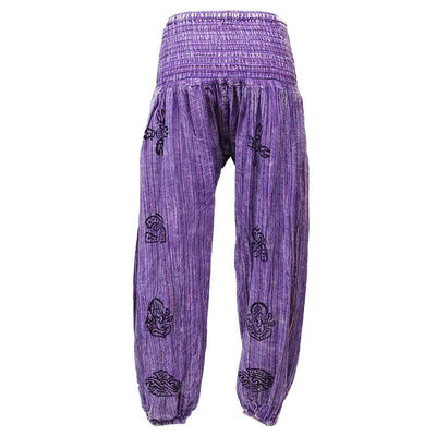 High crotch harems with elasticated waist and ankles in a stonewashed finish with block printed symbols and a drawstring adjustable waist - Purple, back view