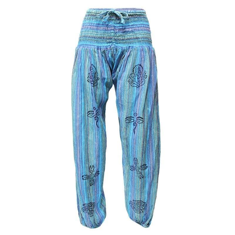 High crotch harems with elasticated waist and ankles in a stonewashed finish with block printed symbols and a drawstring adjustable waist - Turquoise