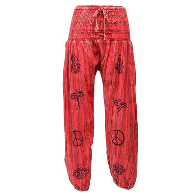 High crotch harems with elasticated waist and ankles in a stonewashed finish with block printed symbols and a drawstring adjustable waist - Maroon
