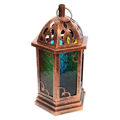 Metal lantern with a brushed copper finish an 6 glass windows in a contrasting stained finish - Back view