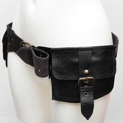 Leather 2 Pocket Utility Belt Bag - Black, Modelled 