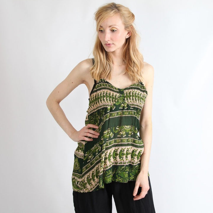 Green Flower & Elephant Print Shirred Cami