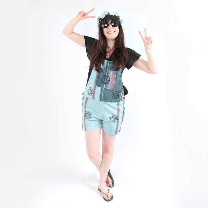 Blue Cotton Flower Print Dungaree Shorts
