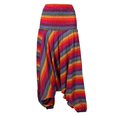 Drop crotch harems with elasticated wait and ankle in red rainbow stripes