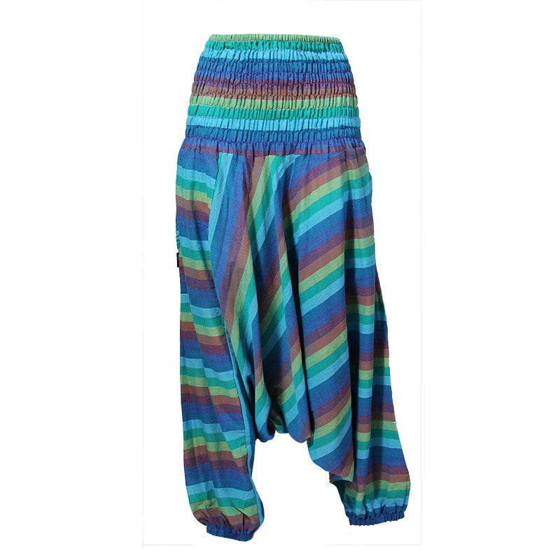Drop crotch harems with elasticated wait and ankle in blue rainbow stripes